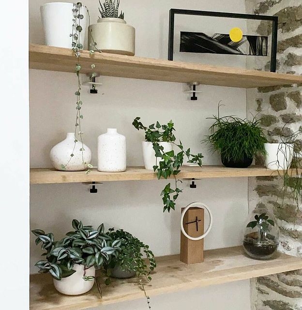 installer des étagères murales dans une cuisine étagères bois plantes et pots horloge chêne décoration chaleureuse