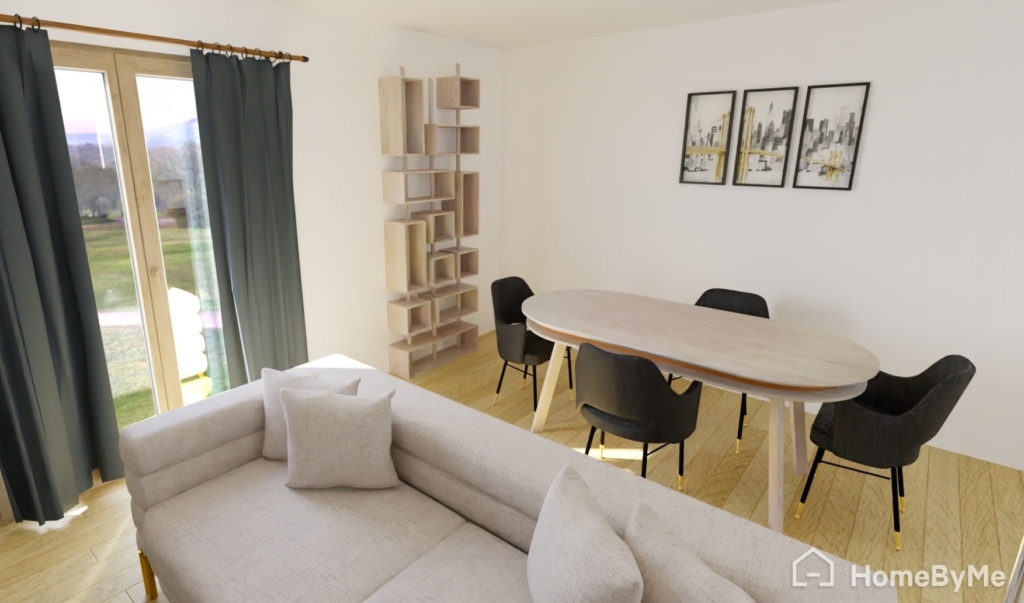 Home by me plan salon visualisation 3D bibliothèque 3 Mâts et table de repas Parati Drugeot Manufacture
