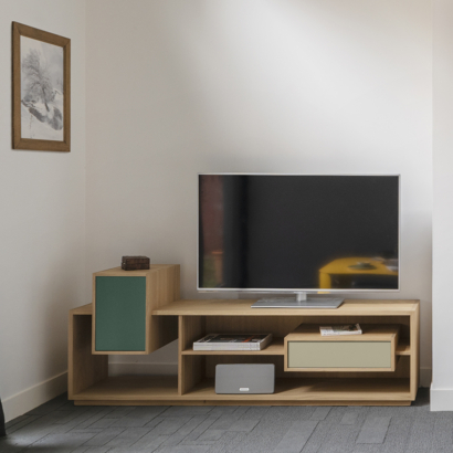 Meuble TV salon chene vert sauge gris lin